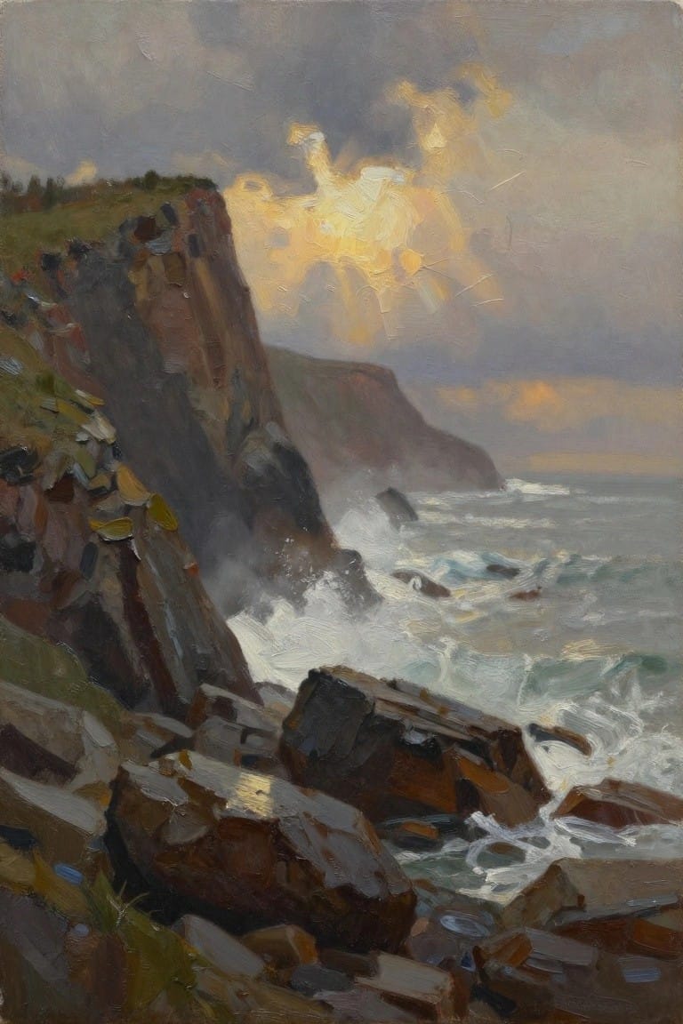 Rugged cliffs and crashing waves under stormy skies with golden sunlight breaking through.