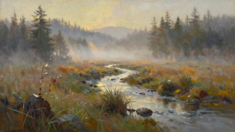 19 Moody Landscape Oil Painting Ideas in Mist, Shadows, and Dramatic Light Golden sunlight rays pierce mist over winding stream in pine forest