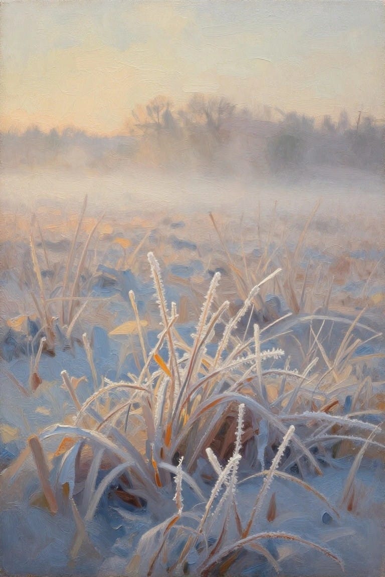 Frost-covered grass in snowy field under misty pastel sunrise sky