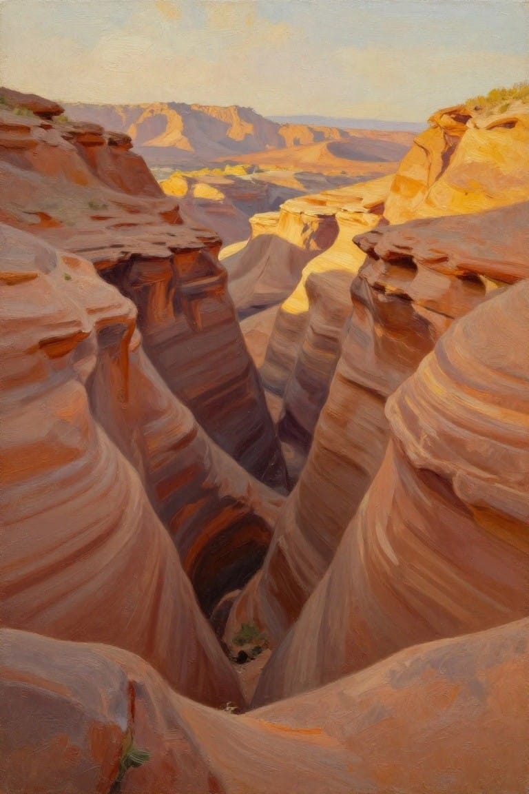 Layered sandstone cliffs glowing in sunlight within a deep rocky gorge