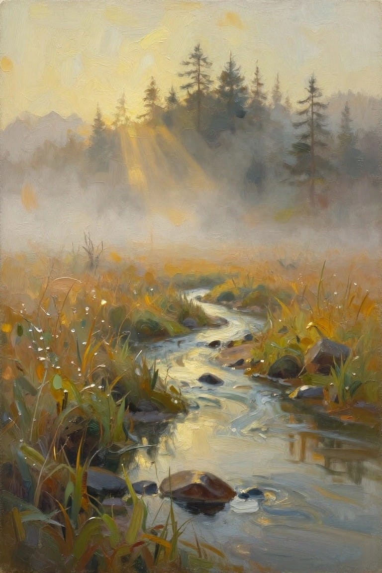 Golden sunlight rays pierce mist over winding stream in pine forest