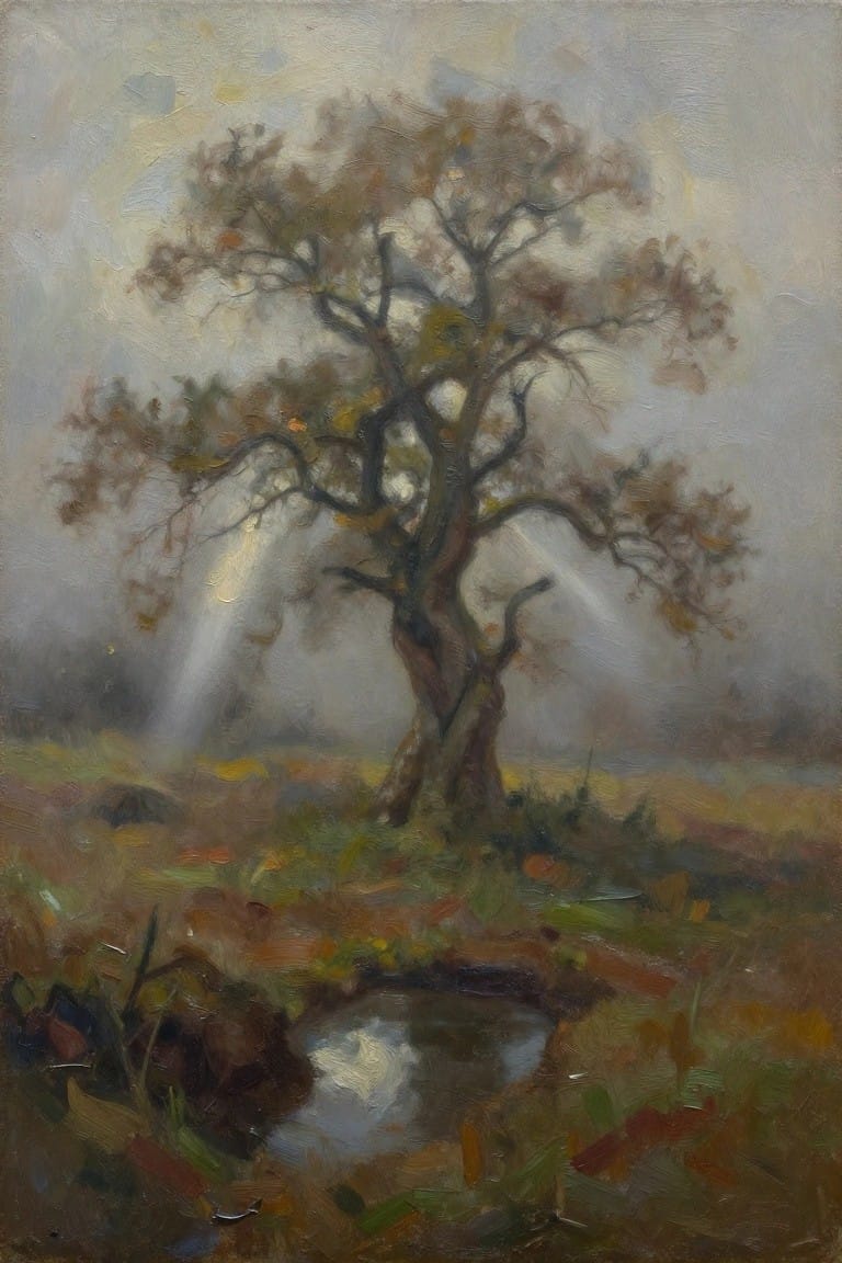 Old twisted tree with sun rays through fog over a small reflective pool