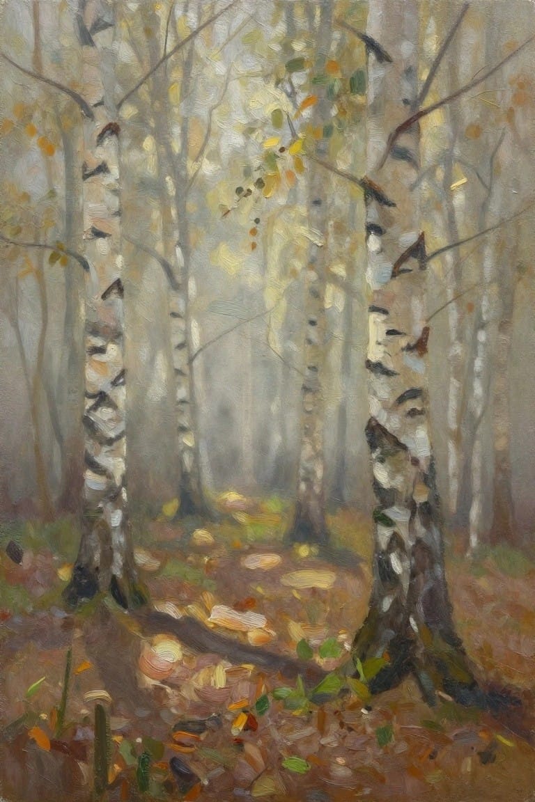 Autumn birch forest with white trunks and colorful fallen leaves on path
