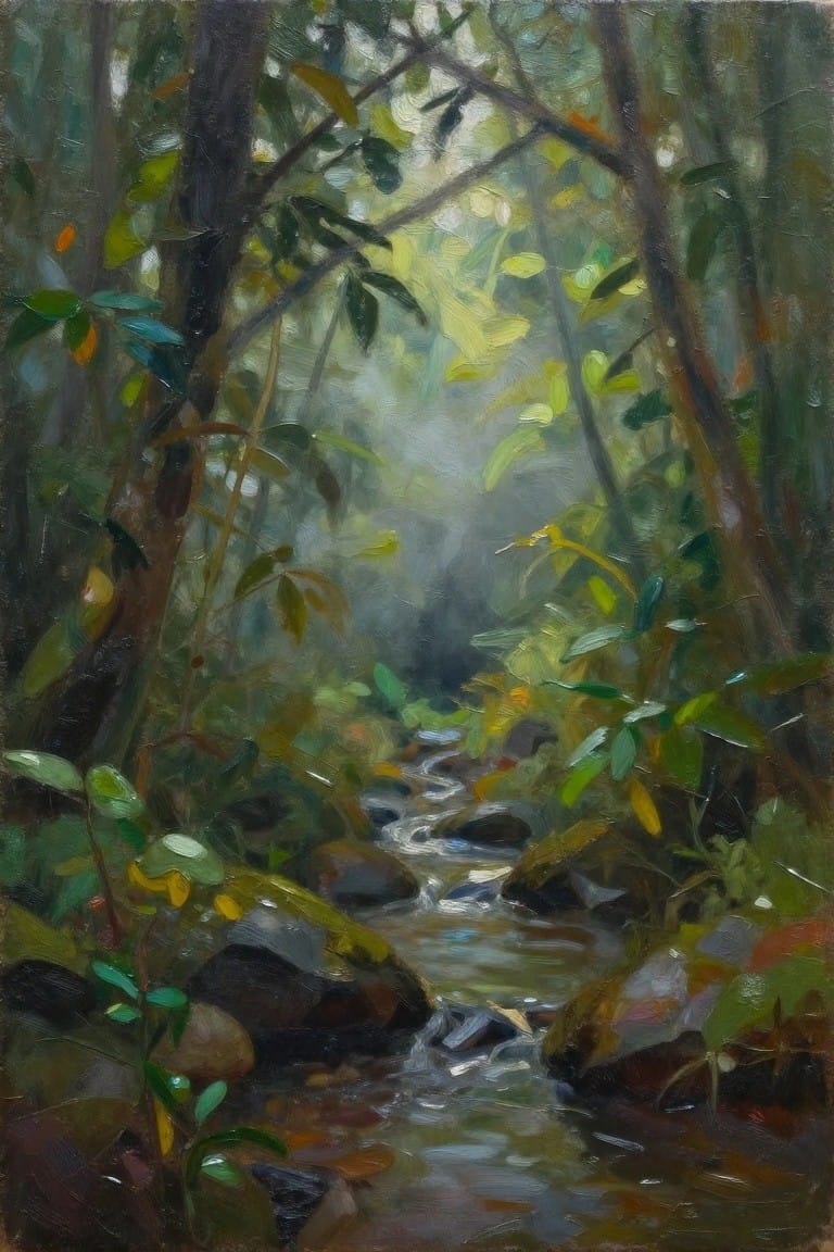 Sunlit forest stream winding over rocks amid lush green and yellow foliage