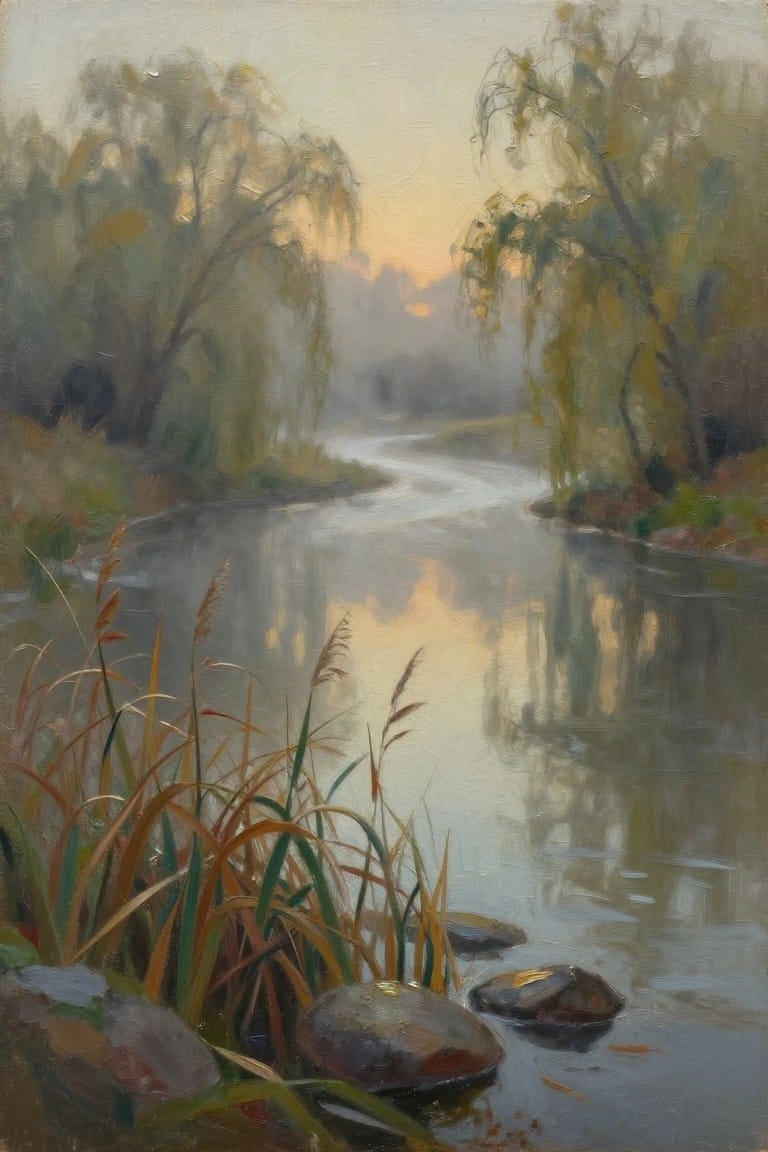 Misty river reflecting sunset glow amid autumn trees, rocks, and reeds