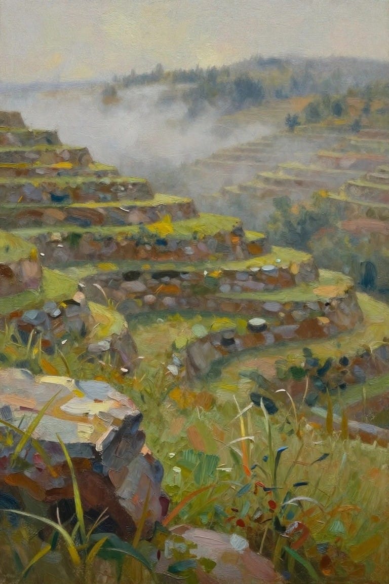 Impressionist painting of misty stone terraces on green foggy hillsides