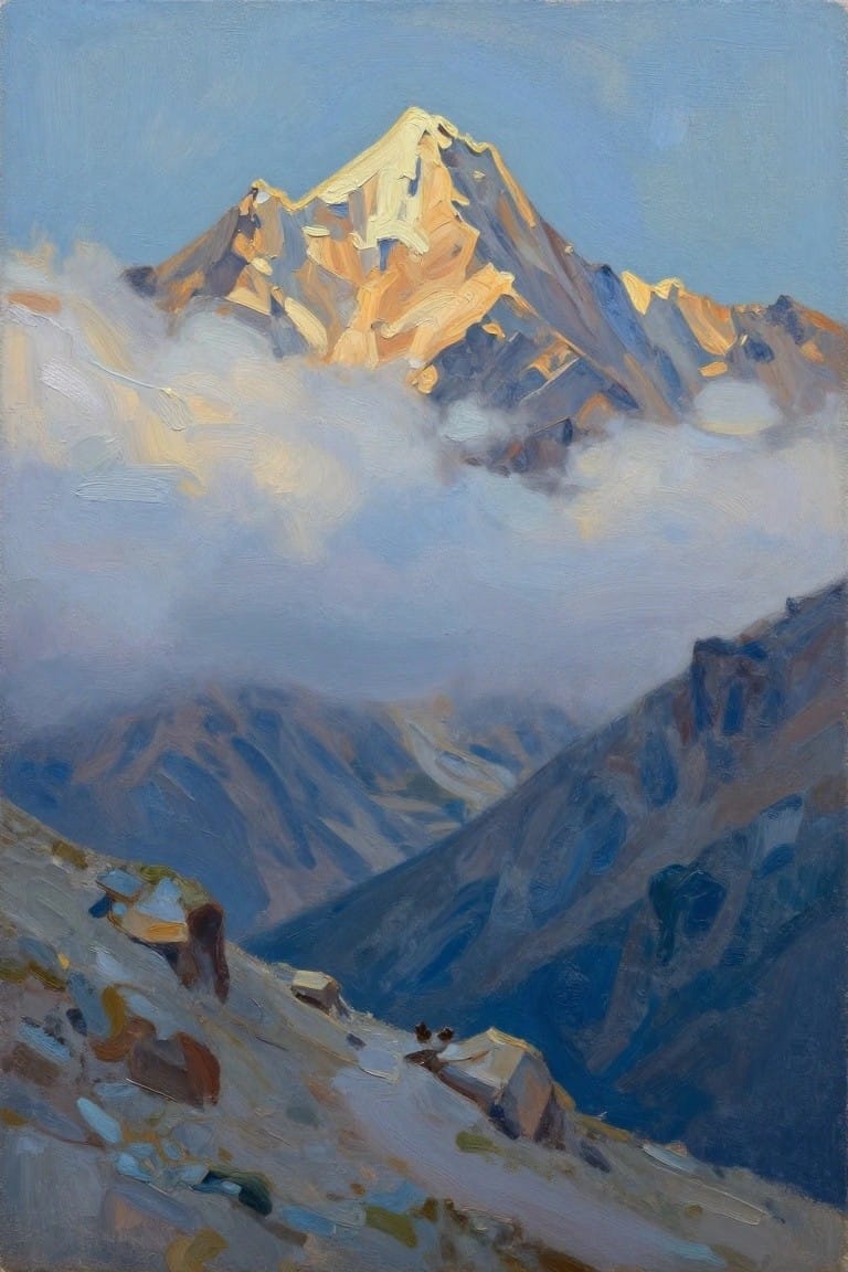 Sunlit snow-capped peak glowing above misty clouds in impressionist mountain painting