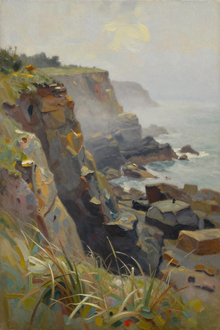 Woman in blue dress on grassy cliff overlooking misty ocean and rocks