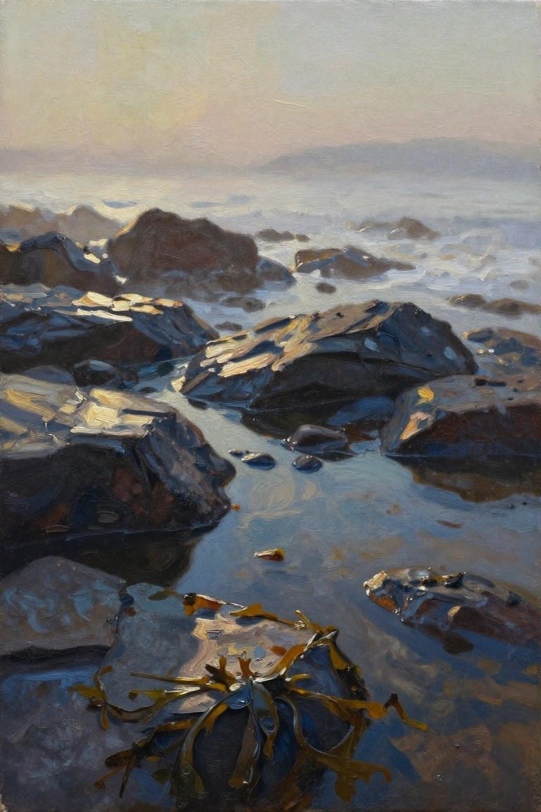 Rocky shoreline with wet boulders, golden seaweed, gentle waves, and hazy distant hills.