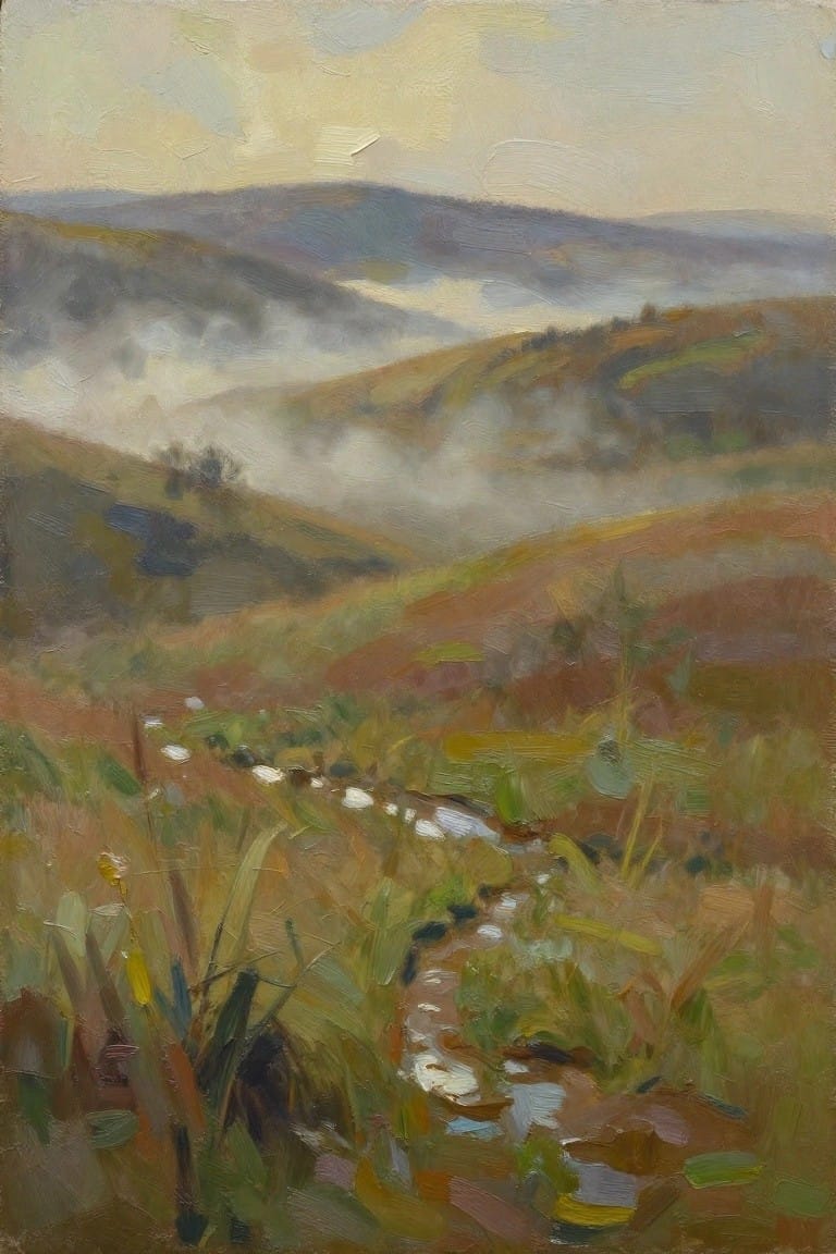Misty rolling hills with a winding reflective stream in grassy foreground.