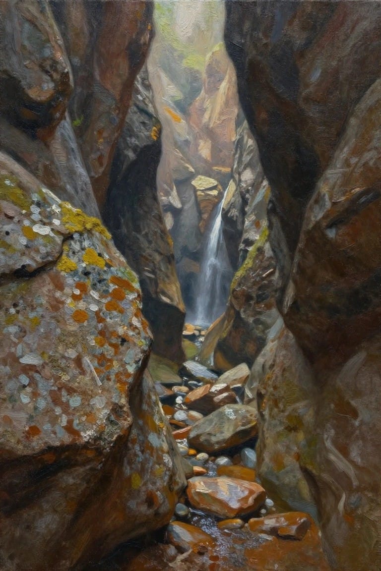 A realistic oil painting of a narrow rocky canyon with a small waterfall visible in the distance and a shallow stream running over stones between lichen-covered rock walls.