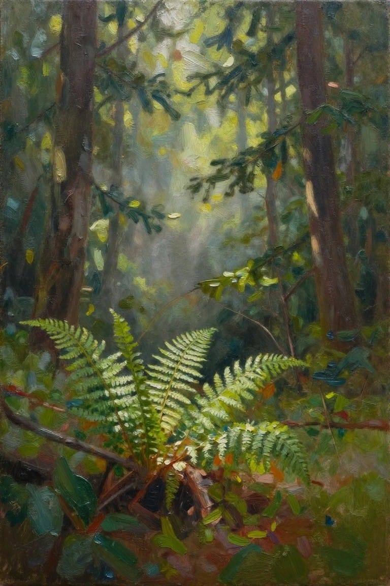 Sunlit forest with tall trees and lush ferns on misty floor