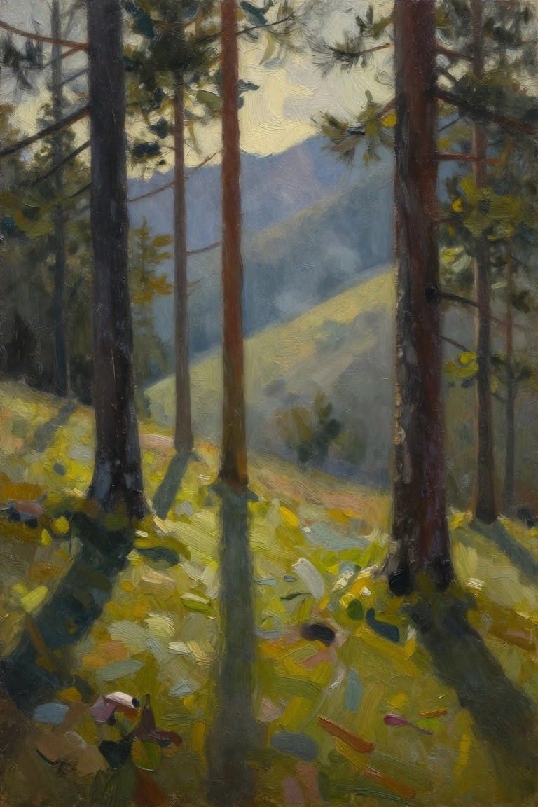Sunlit pine forest with tall trunks, yellow leaves, and distant mountains