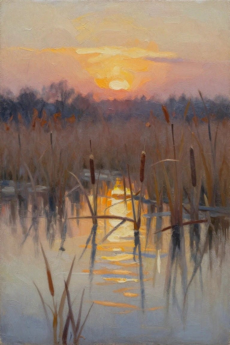 An oil painting of a sunset over a marsh with reeds and cattails reflecting in the water.