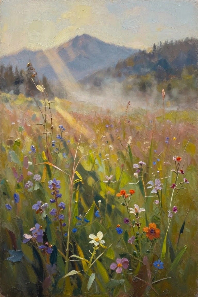 Vibrant wildflowers bloom in misty mountain meadow with golden sunlight rays.