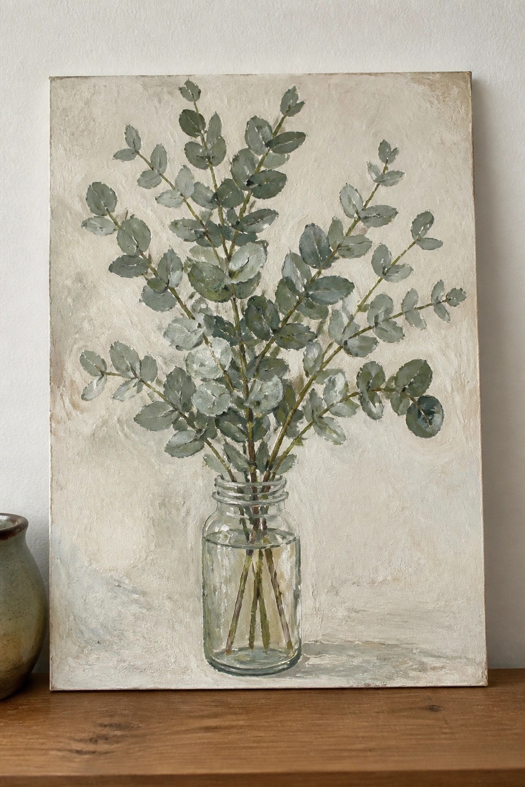 Painting of eucalyptus branches in a glass jar on wooden surface