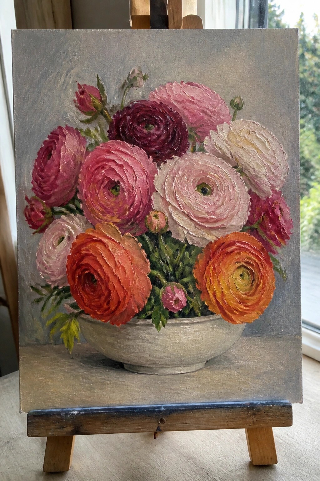 Oil painting of vibrant pink, red, and orange ranunculus flowers in a white bowl on wooden easel