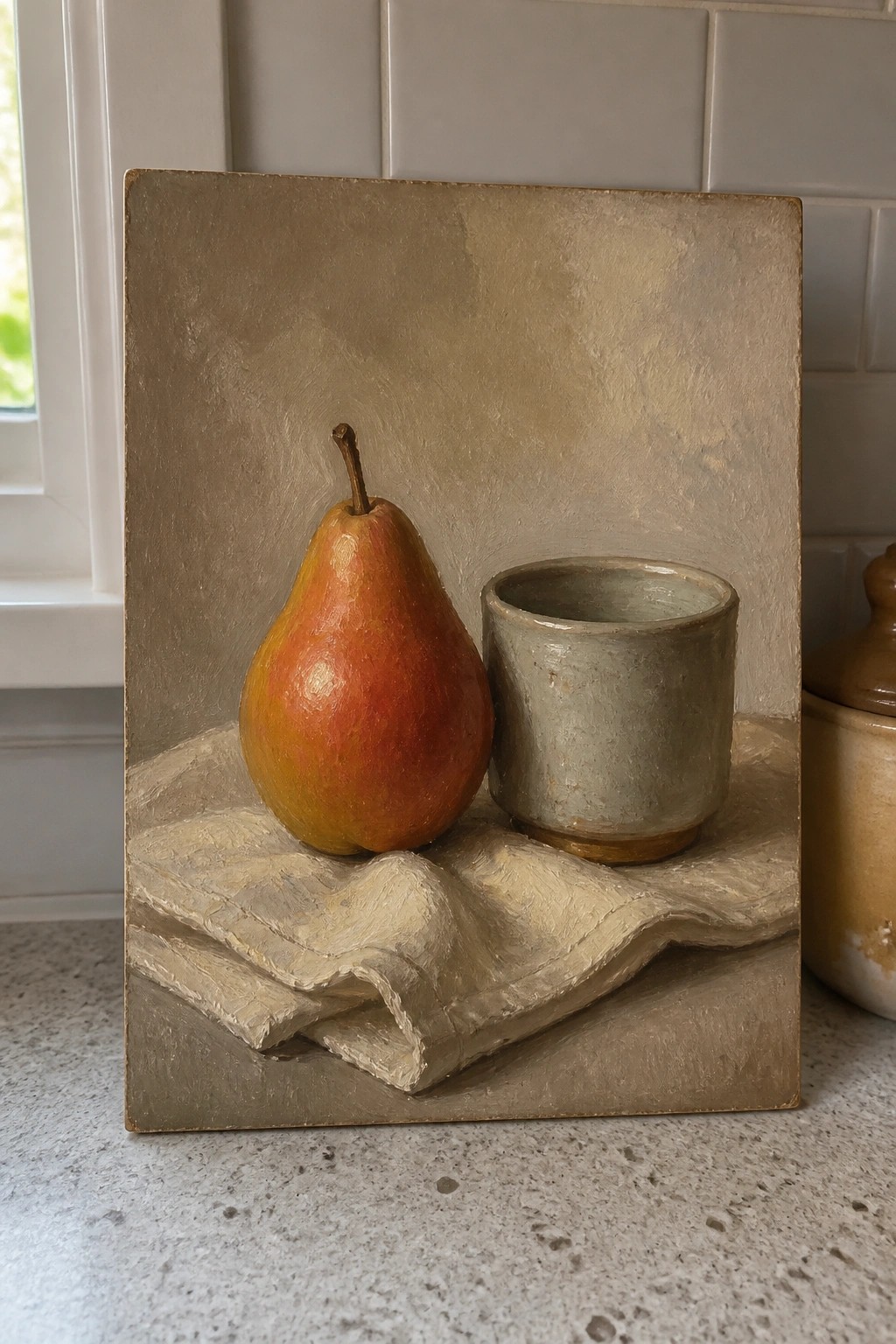 Realistic still life of a red-yellow pear and gray cup on white draped cloth.