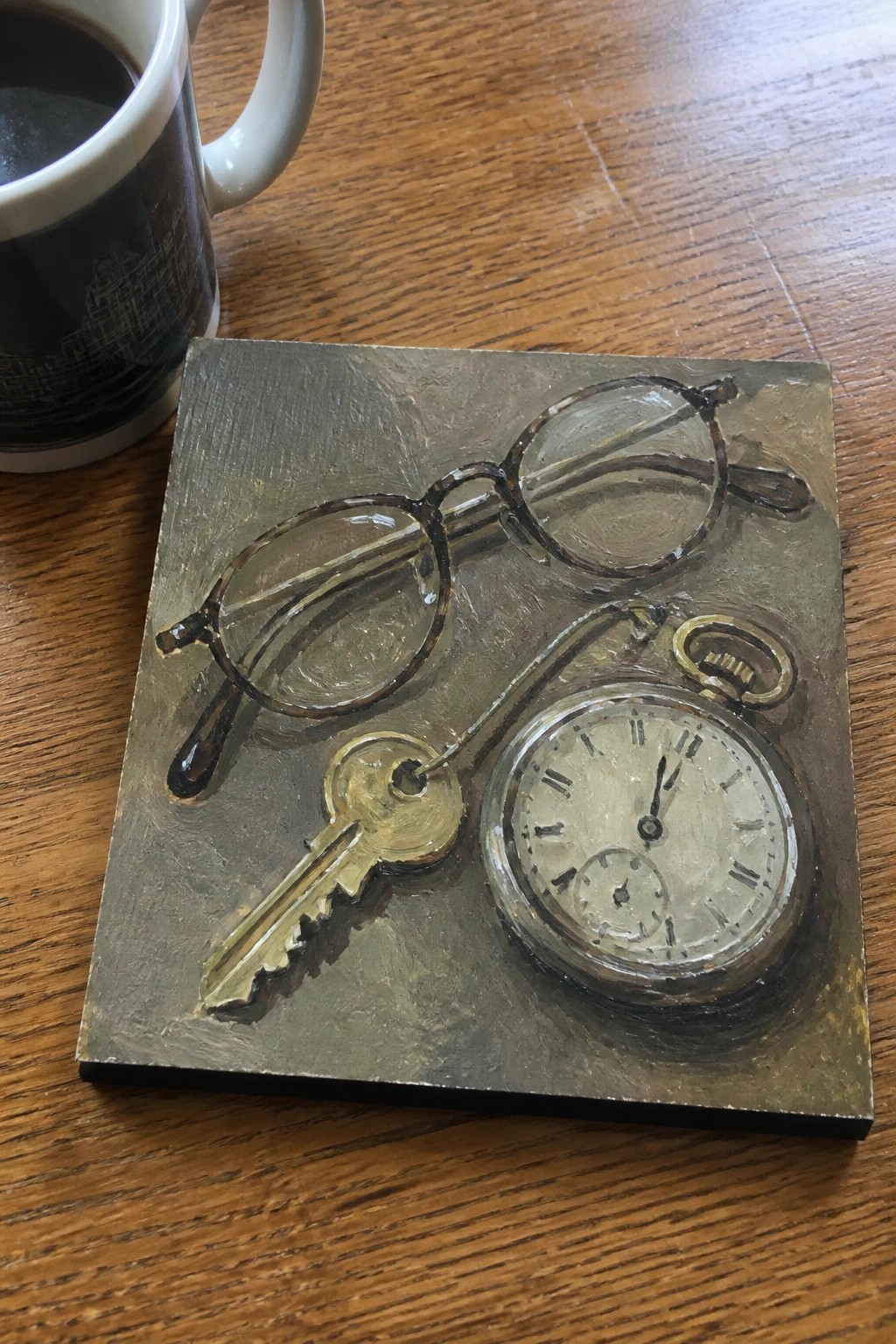 Still life painting of glasses, key, and pocket watch beside mug on wooden table