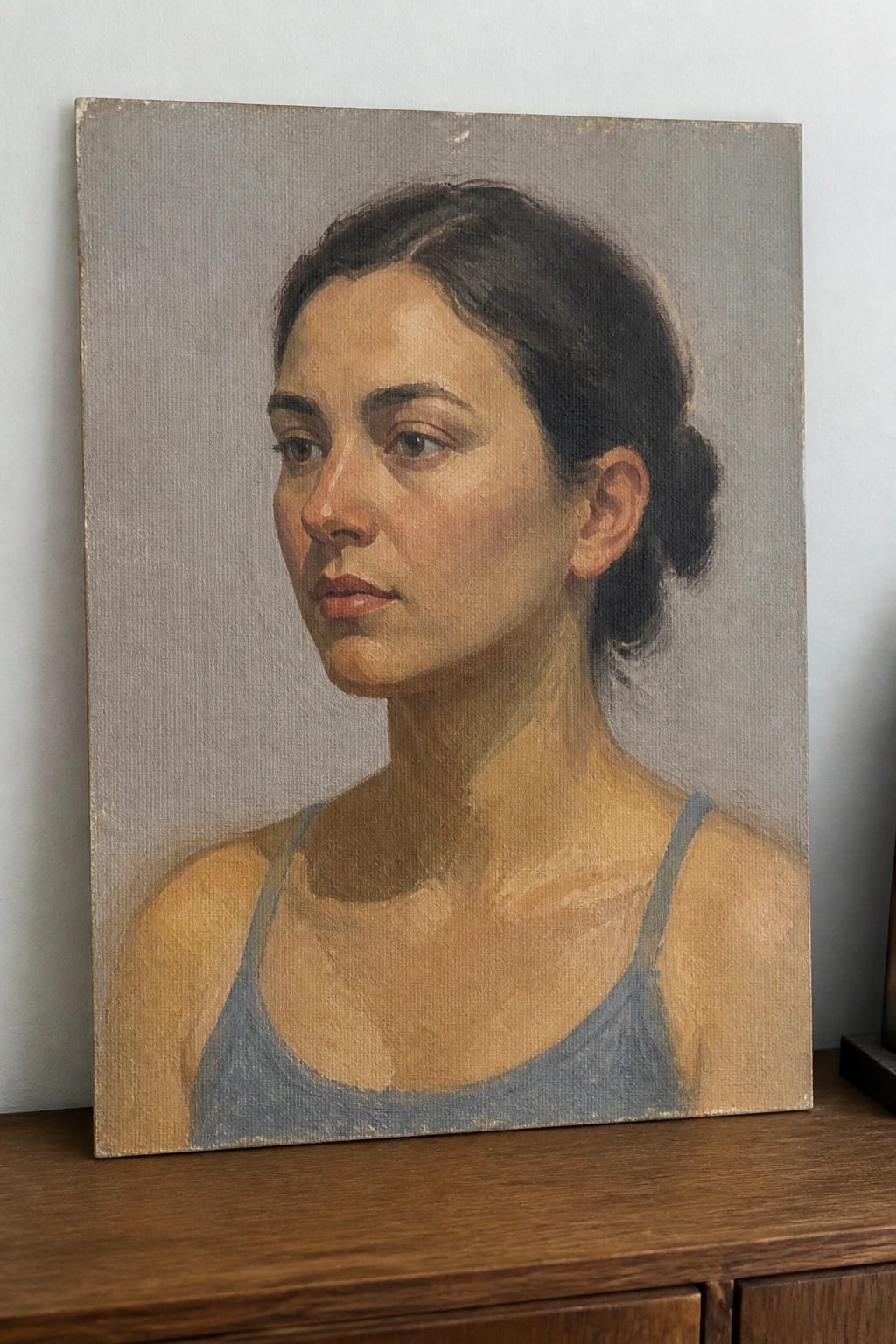 Oil painting of a woman with dark hair in blue tank top against gray background