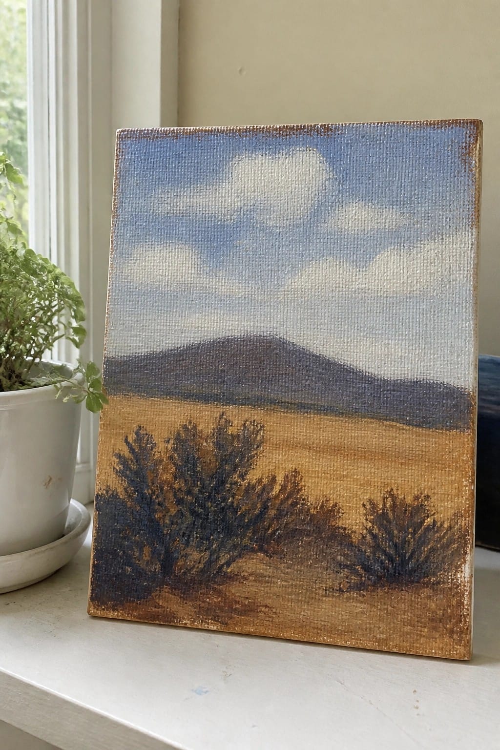 Canvas painting of blue sky, clouds, mountains, golden field and dark bushes on windowsill.