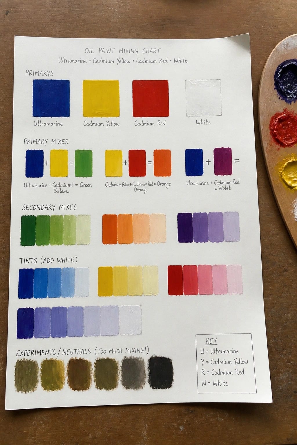 Oil paint mixing chart on paper with labeled color swatches, primaries, tints, and neutrals.
