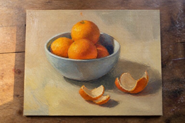 20 Practical Oil Painting Color Mixing Tips For Beginners Still-life painting of oranges in a gray bowl with peels on a table.