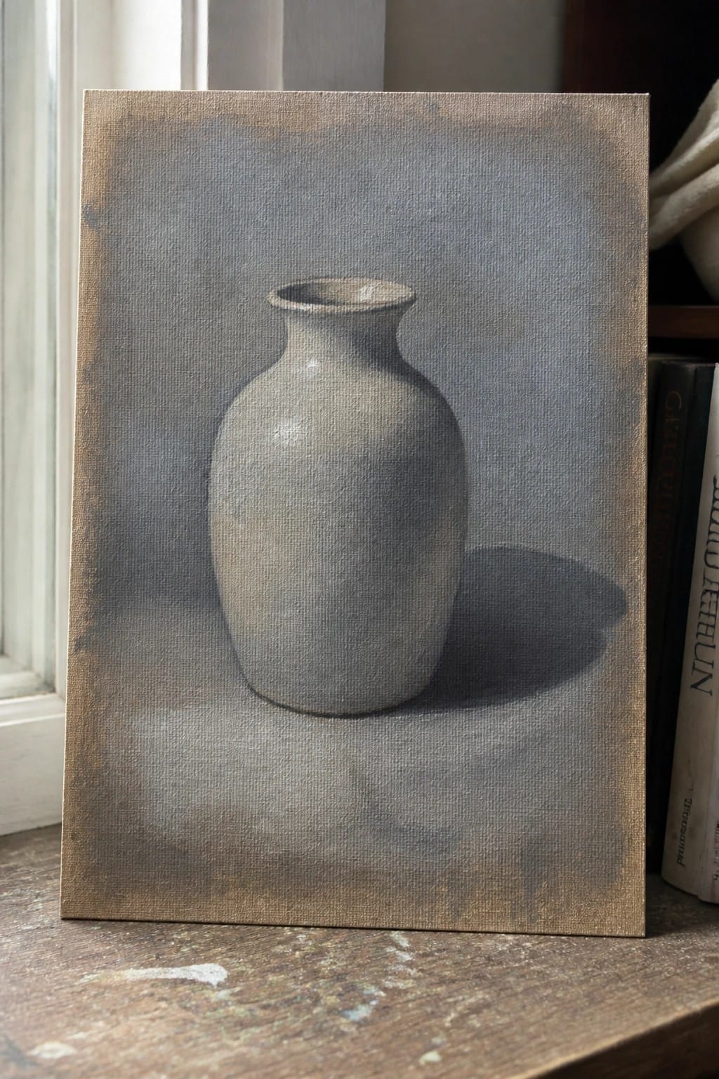 Monochromatic painting of a rounded gray vase with soft shadow on canvas beside books.