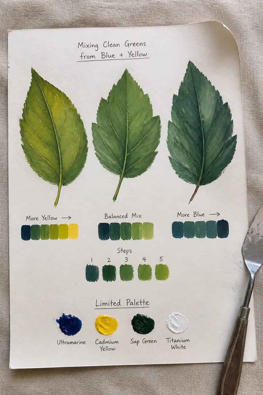 Watercolor chart of three green leaves with blue-yellow mixing swatches and limited palette.