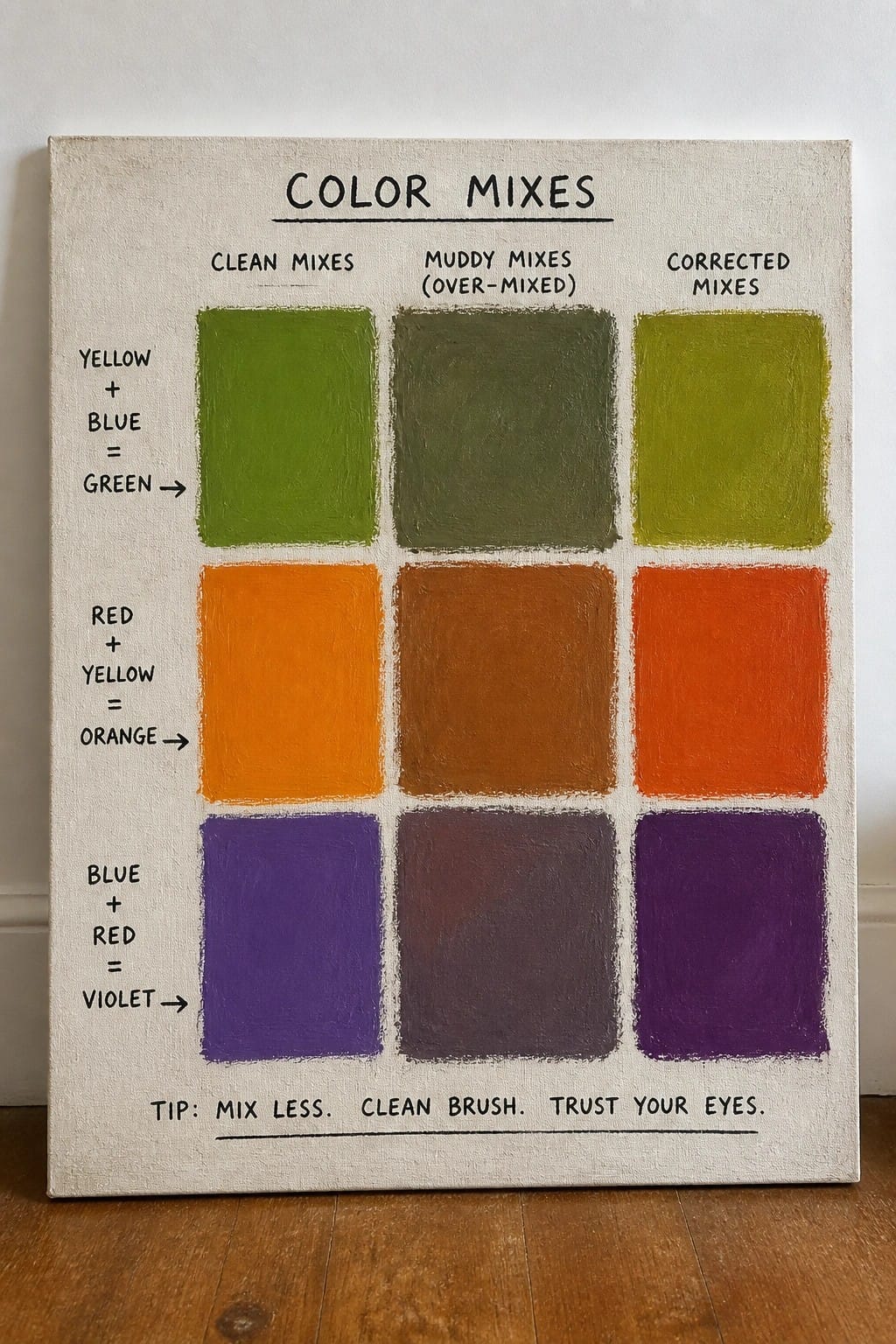 A canvas chart showing clean, muddy, and corrected oil paint mixes for green, orange, and violet.