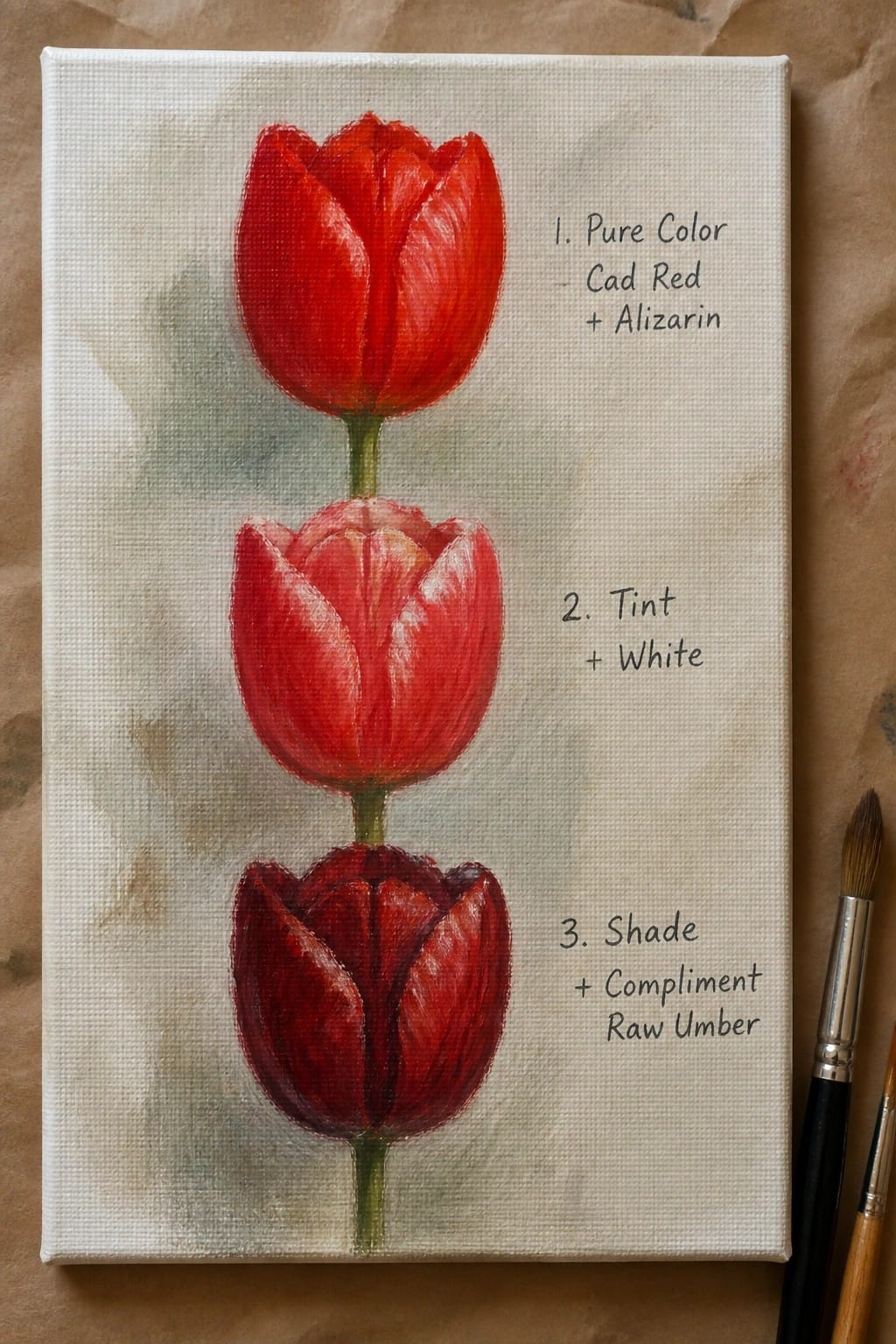 Three red tulips on canvas labeled pure color, tint, and shade beside paintbrush