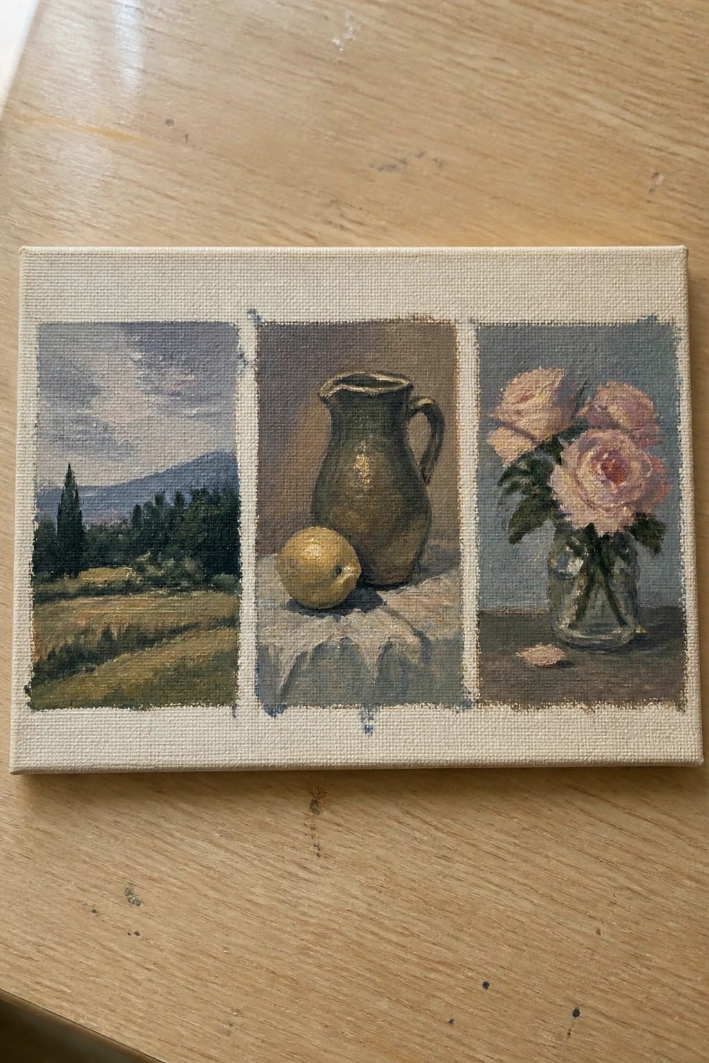 Triptych canvas with landscape, brown pitcher and lemon, pink roses in jar.