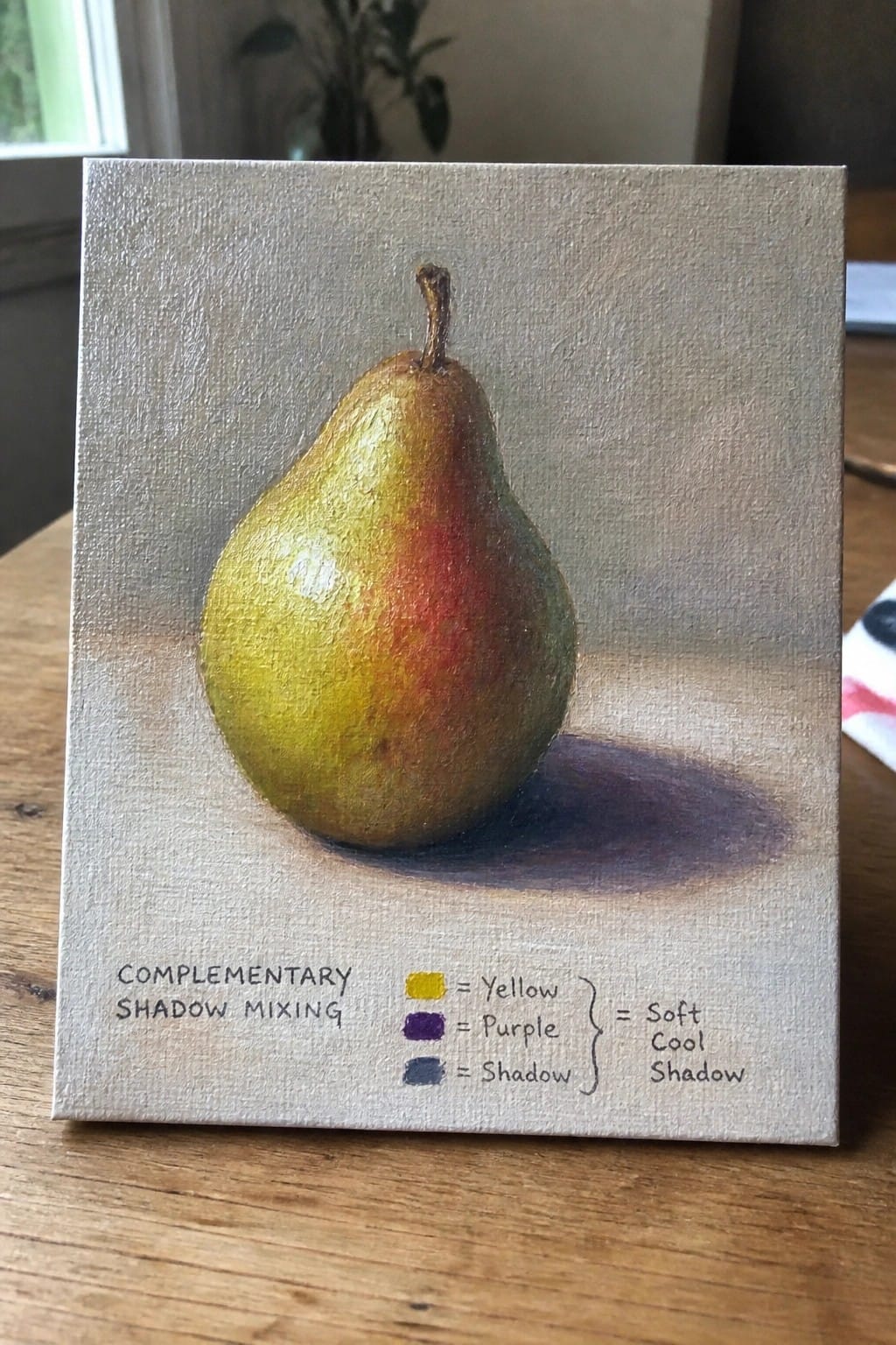 Oil painting of a pear on canvas illustrating complementary shadow mixing with yellow and purple