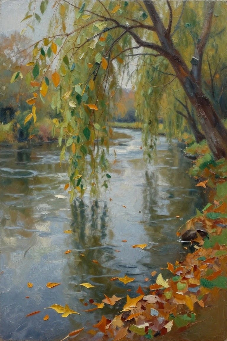 Weeping willow with yellow-orange leaves overhanging a calm autumn river with reflections.