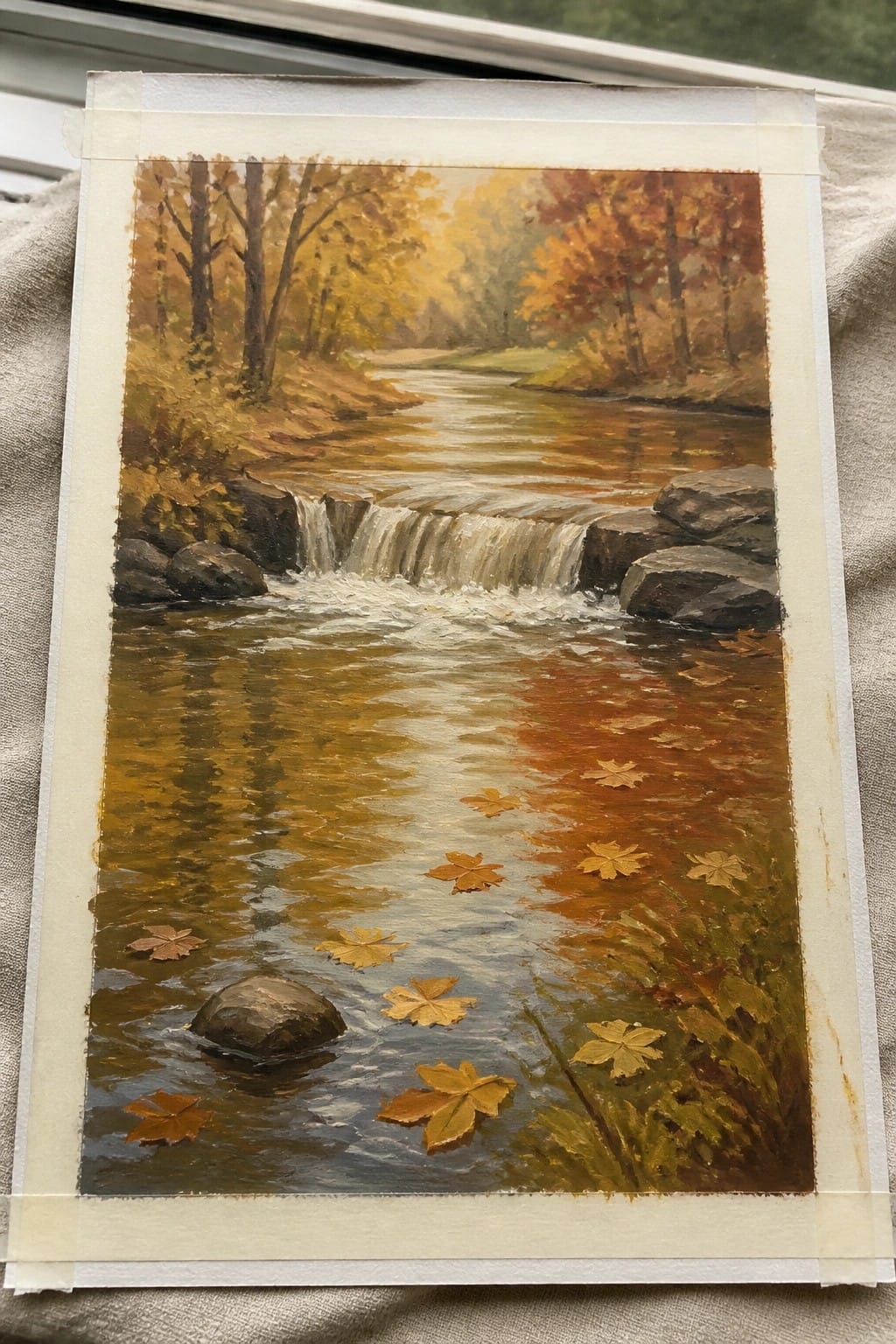 Autumn river painting with waterfall, rocks, colorful trees, and floating leaves