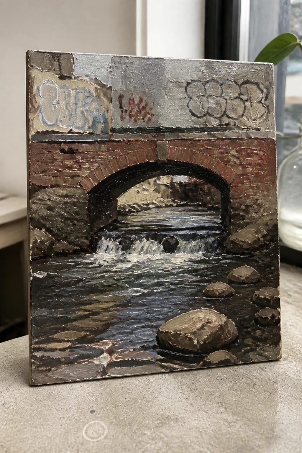 An oil painting of a brick arch bridge over a rocky stream with flowing water and graffiti on the bridge.