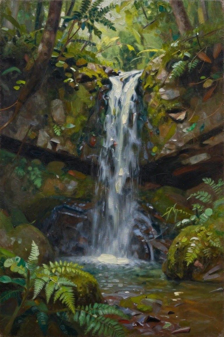 An oil painting depicts a waterfall cascading down rocks in a dense forest filled with green ferns and trees.
