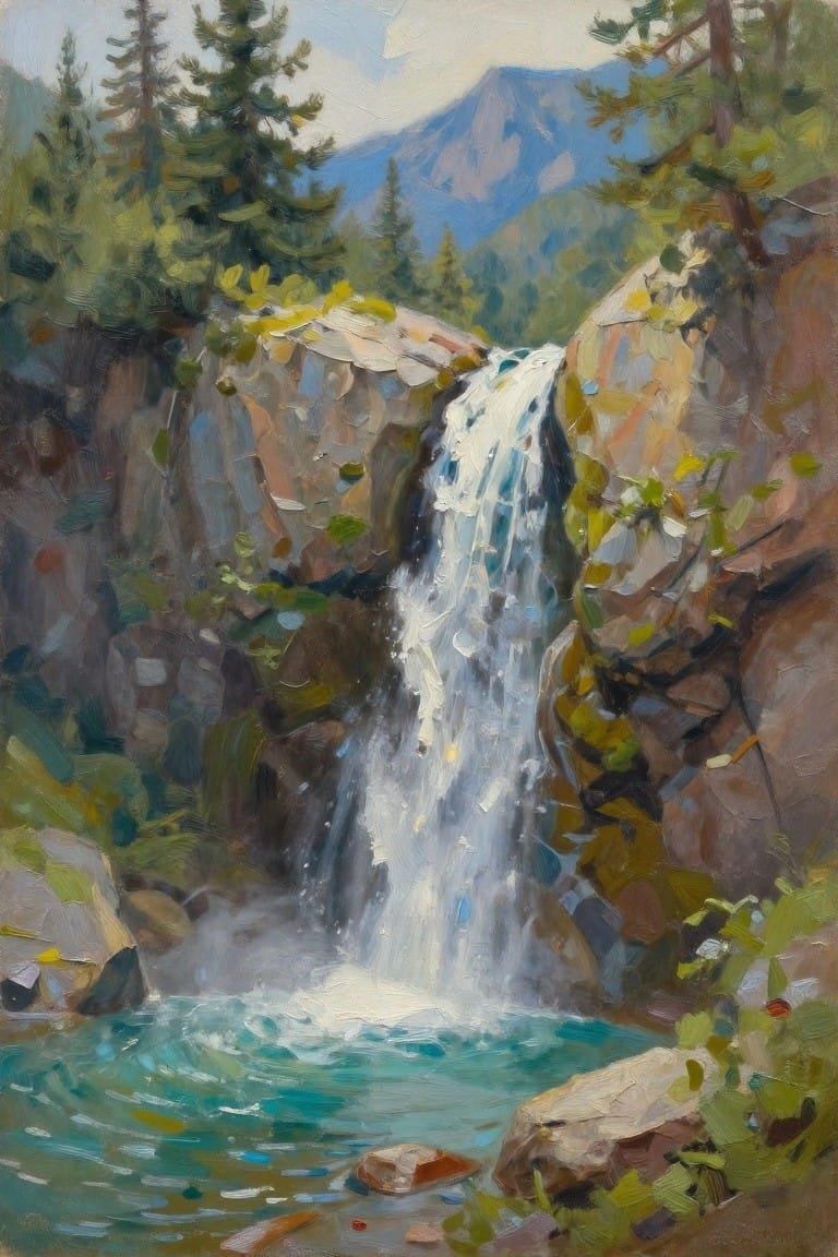 Oil painting of cascading waterfall into turquoise pool amid rocky cliffs and pines.