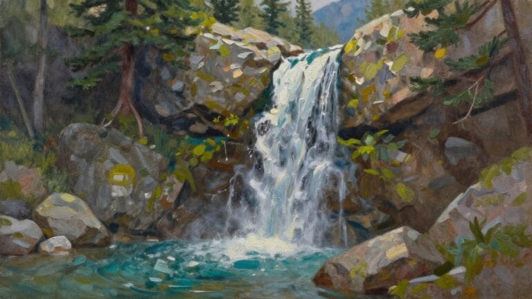20 Scenic River and Waterfall Oil Painting Ideas to Practice Flowing Water Oil painting of cascading waterfall into turquoise pool amid rocky cliffs and pines.