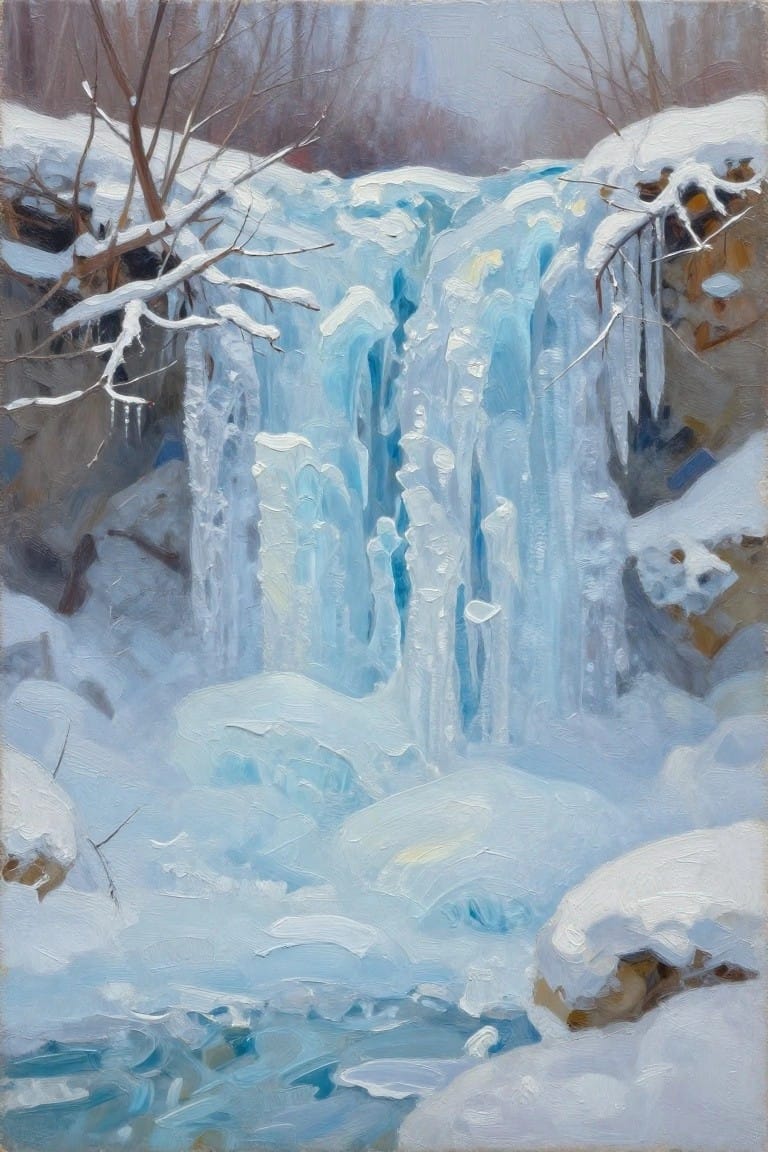 Oil painting of frozen blue waterfall with icicles amid snowy rocks and bare trees.