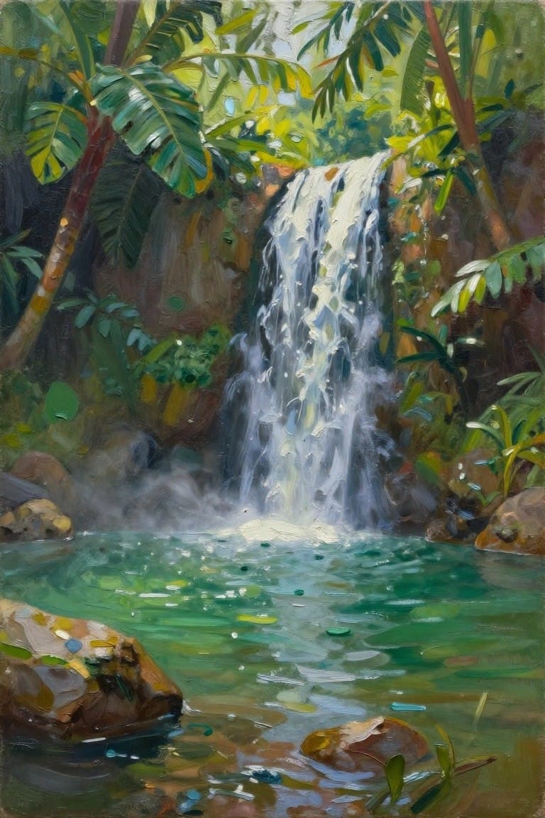 An oil painting of a white waterfall cascading into a green pool with rocks and tropical plants around it.