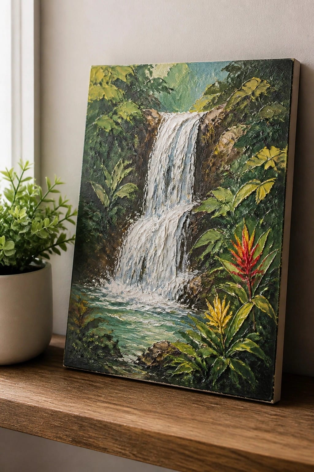 Textured painting of a jungle waterfall with lush greenery and vibrant flowers on a shelf.