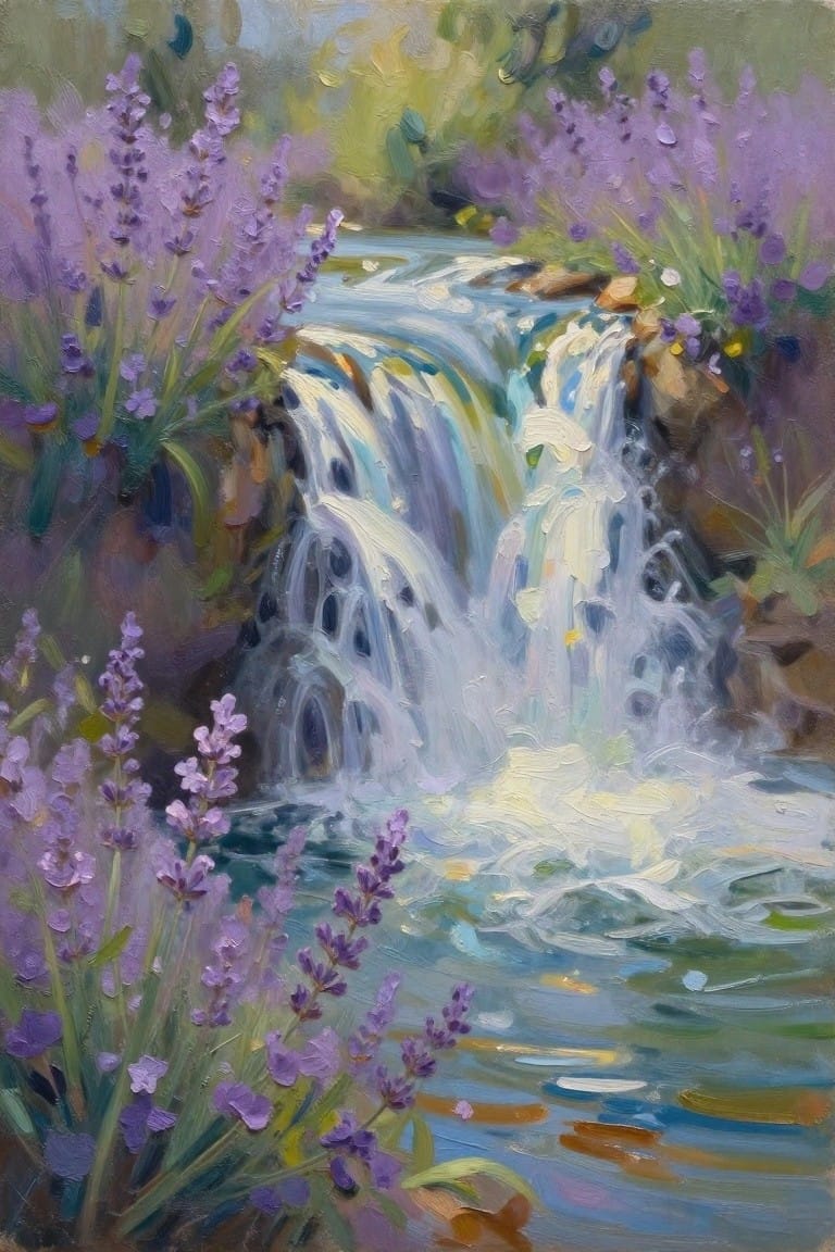 An oil painting of a small waterfall cascading over rocks surrounded by purple lavender flowers on both sides.