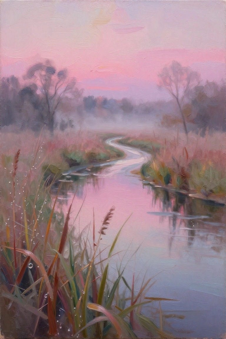 Misty pink dawn over winding river with dew-covered reeds and grasses in foreground.