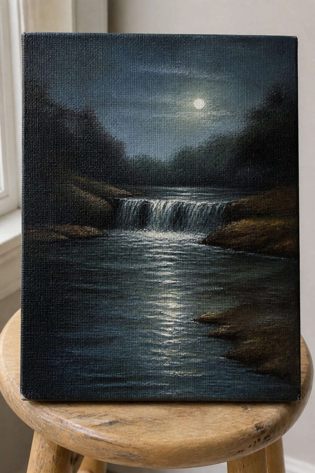 A realistic oil painting of a river with a small waterfall under a full moon at night, with dark trees and rocks on the banks, displayed on a wooden stool.