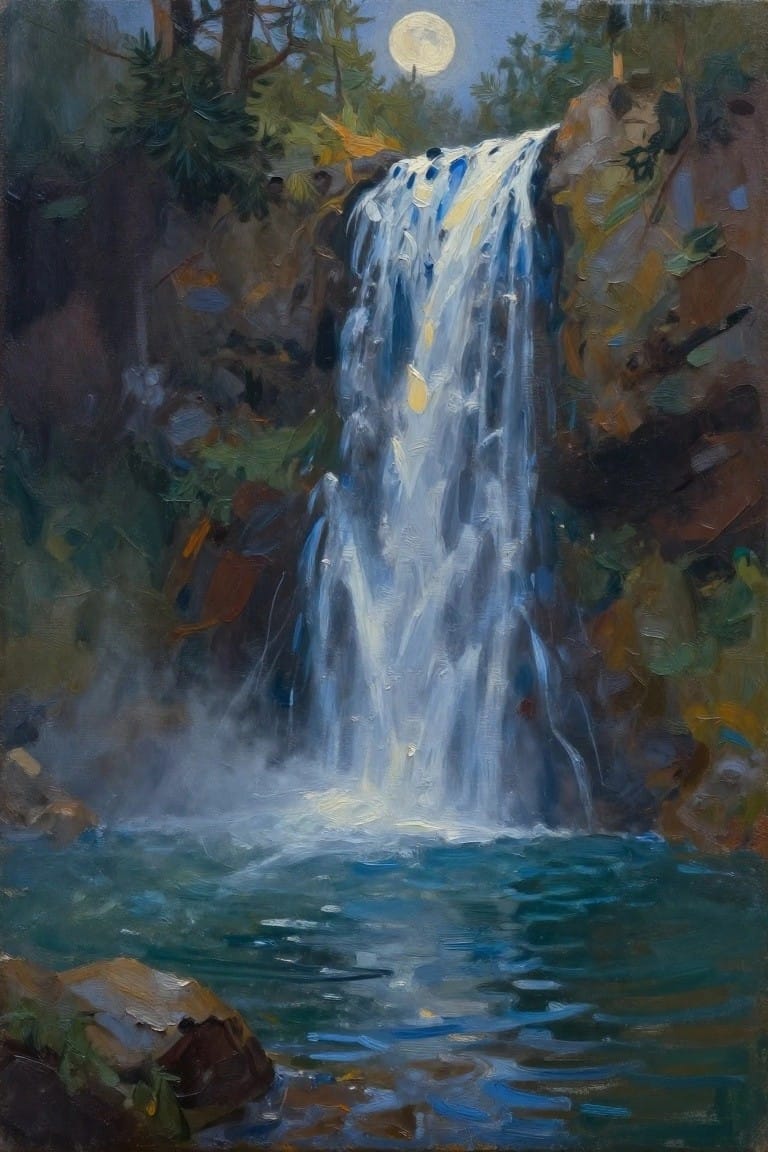 An oil painting of a white waterfall cascading into a blue pool under a full moon with trees and rocks around it.