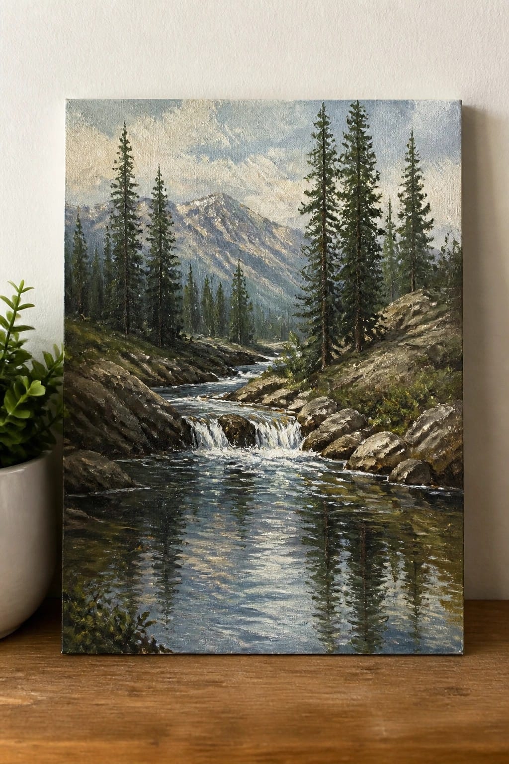Realistic oil painting of a mountain river flowing through rocky pine forest with reflections