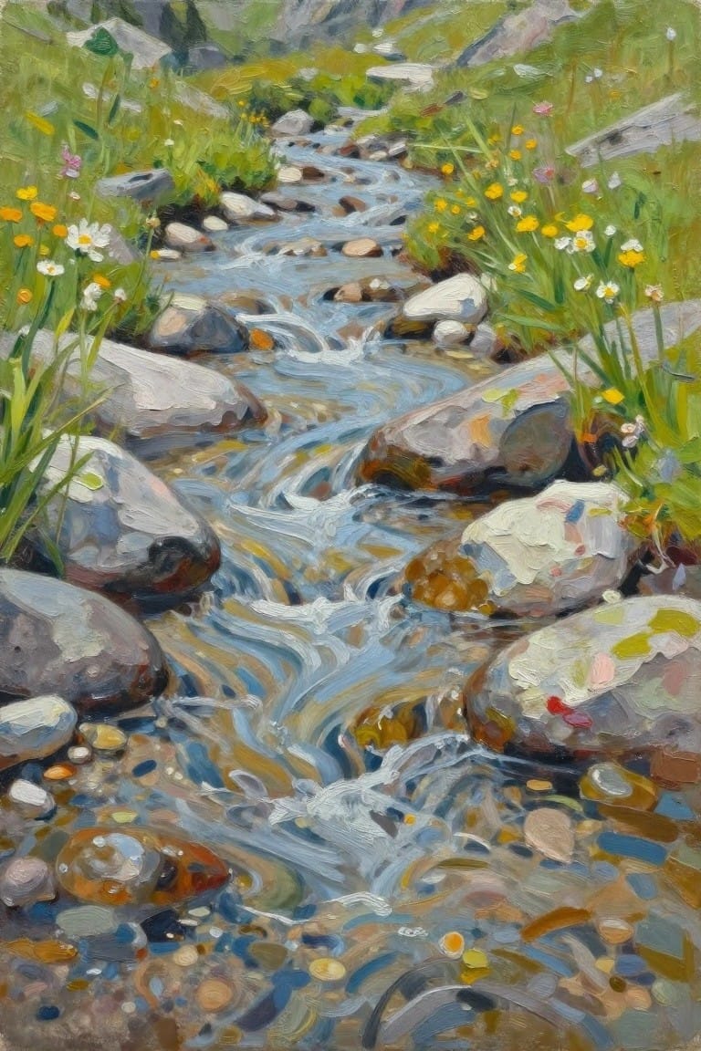 Impressionistic oil painting of rocky blue stream amid yellow wildflowers and green grass.
