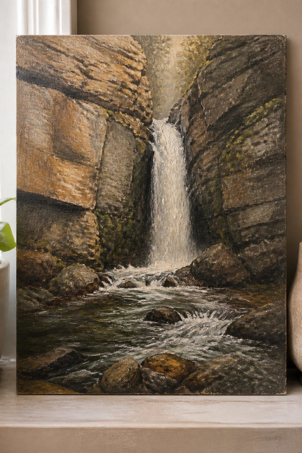 Realistic oil painting of waterfall cascading between steep rocky cliffs into a stream.