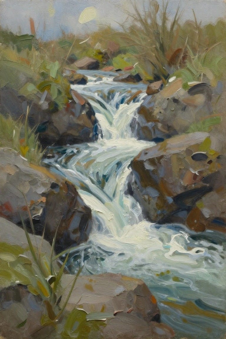 Impressionist painting of rushing stream cascading over rocks amid green foliage